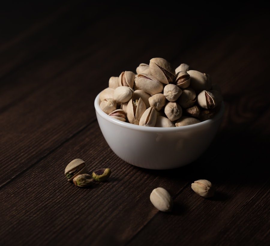 Iranian Akbari pistachios in a white bowl
